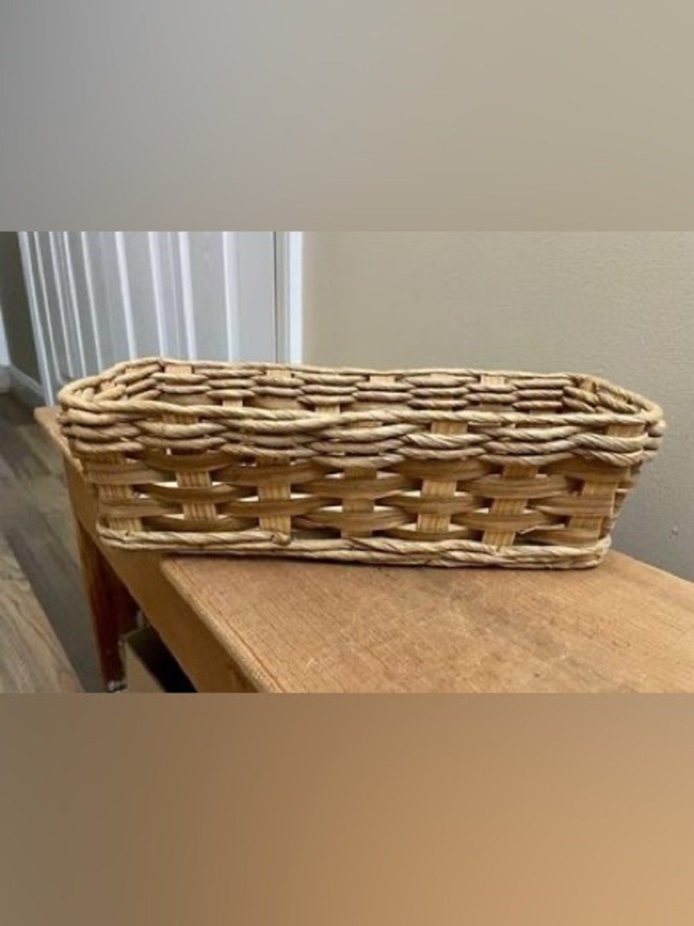 Vintage Handwoven Rectangular Wicker Basket Wood Twine Checkerboard Weave